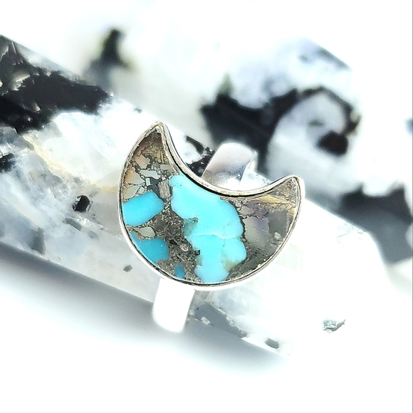 Sterling Silver Turquoise and Pyrite Crescent Moon Ring Size 7 - Picture 15 of 16